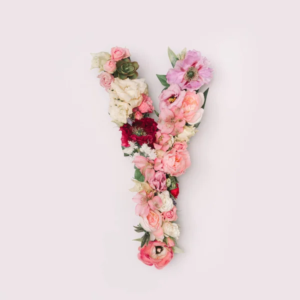 本物の天然の花や葉で作られた手紙Y フラワーフォントのコンセプト 文字や数字のユニークなコレクション バレンタインの創造的なアイデア — ストック写真