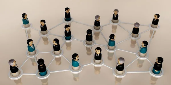 Wooden Business People Figurines Connected Each Other White Lines Render — Stock Photo, Image