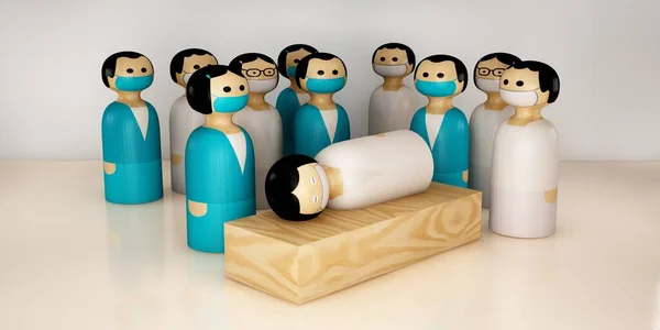 Wooden medical people figurines share opinions about the patient - 3D render illustration