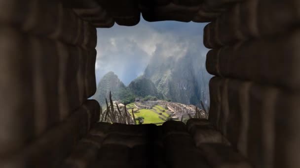 Machu Picchu Vista Antigua Ciudad Través Ventana Ruinas — Vídeos de Stock