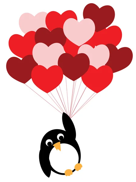 Verliefd pinguïn vliegt op hart ballonnen — Stockvector