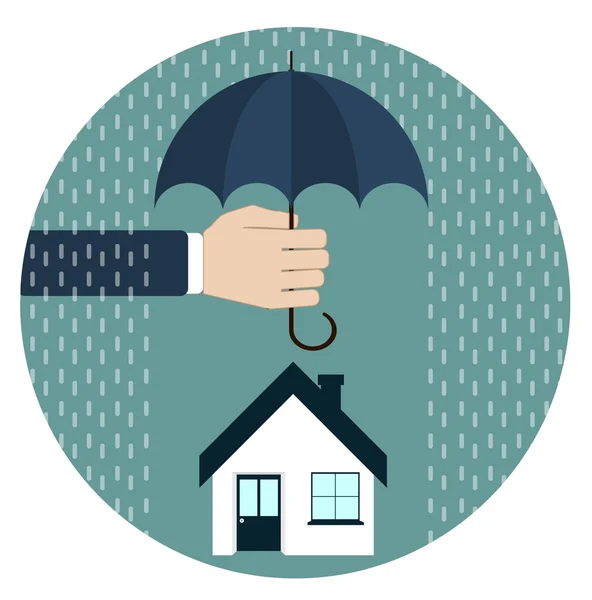 Dom inshurance, ręka trzymać parasol nad nim — Wektor stockowy