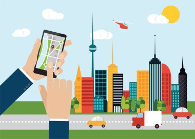 Smartphone navigasyon haritası ile ekranda, şehir arka plan tutan el