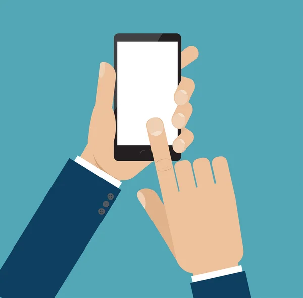 Smartphone mano, dito tocco segno nel pulsante . — Vettoriale Stock