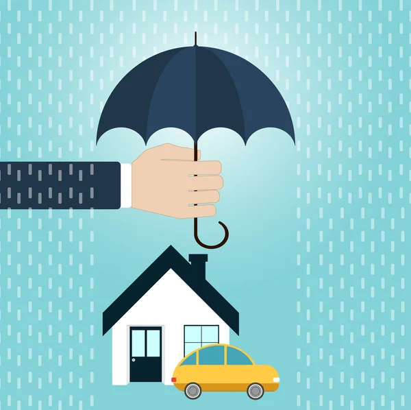 Säkerheten för egenskapen koncept. Hand hålla paraply över hus, bil. — Stock vektor
