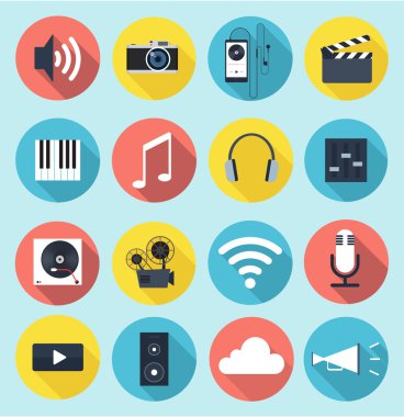 Uzun gölgeler ile multimedya düz simgeler