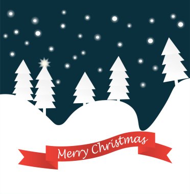 Yağan kar, orman siluet kırmızı kurdele afiş ile kış manzarası.