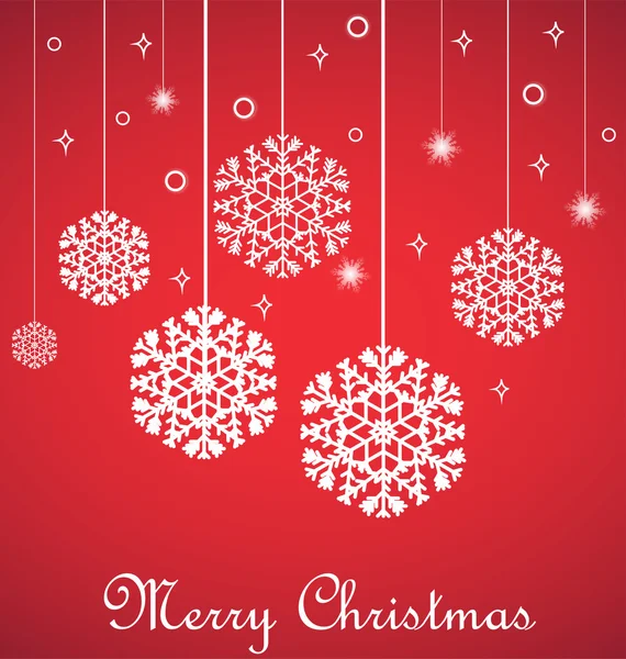 Colgando copos de nieve en rojo, Feliz tarjeta de Navidad — Vector de stock