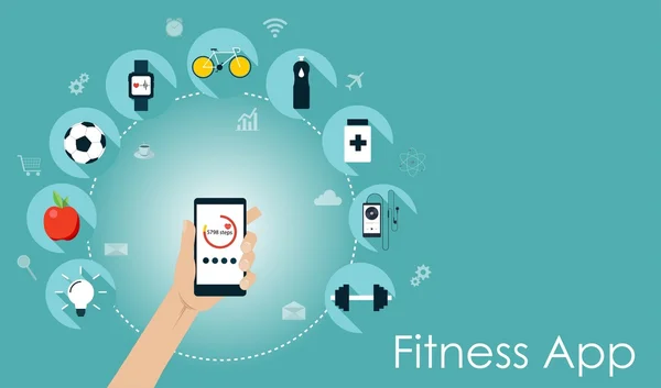 Telefone inteligente com ícones de estilo de vida saudável. Fitness app ilustração vetorial —  Vetores de Stock