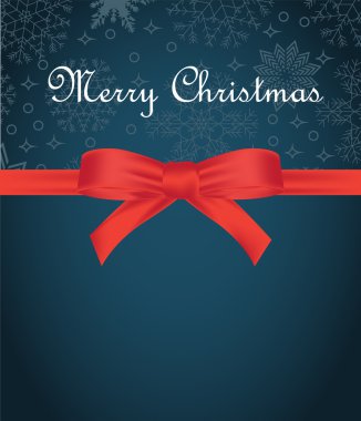 Kar taneleri arka plan ve kopya alanı üzerinde kırmızı yay ile tebrik kartı