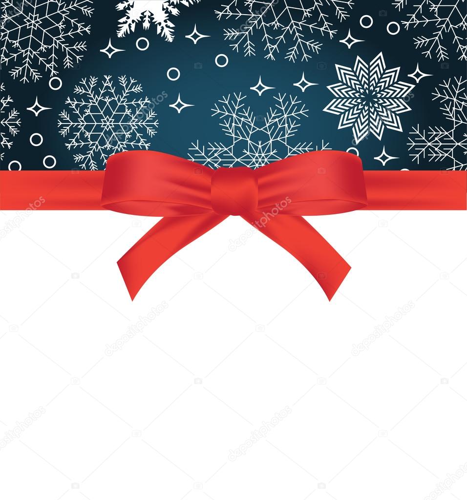 Greeting card with red bow on snowflakes background and copy space