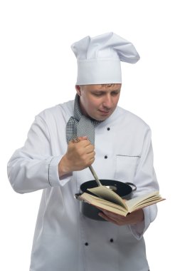 Chef looking for a recipe for the dish and hinders clipart