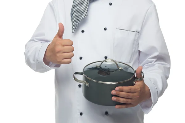 Chef sosteniendo una olla en las manos de — Foto de Stock