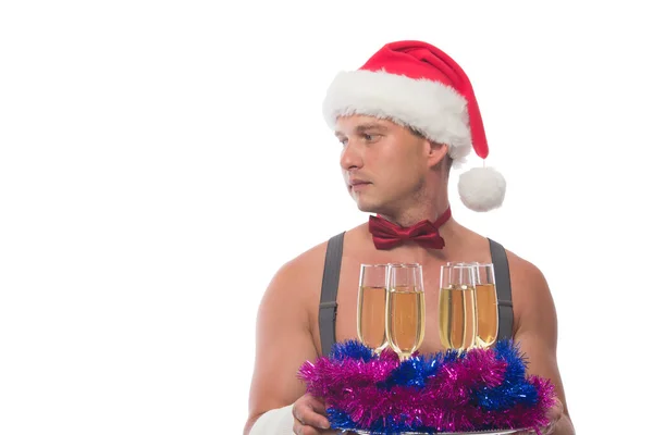 Close Muž Číšník Novoroční Čepici Holý Trup Držící Tác Alkoholickým — Stock fotografie