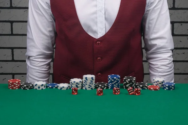 Poker Chips Stacked Green Cloth Front Them Red Dice Background — Stock Photo, Image