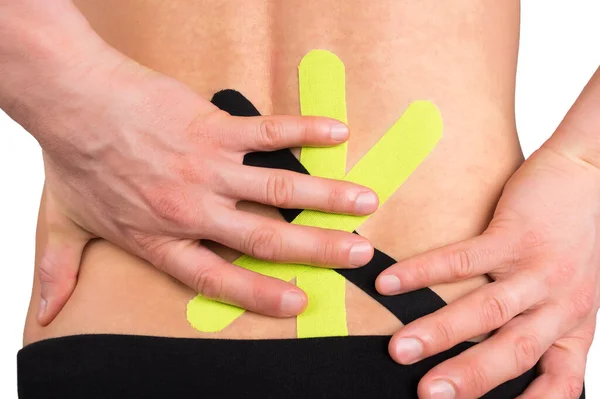 Schwarze Und Grüne Medizinbänder Zur Schmerzlinderung Auf Den Rücken Geklebt — Stockfoto