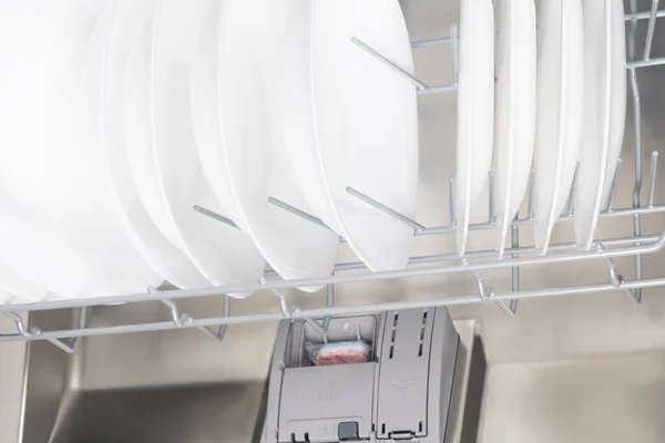 White Clean Plates Open Dishwasher Top View Close — Stock Photo, Image