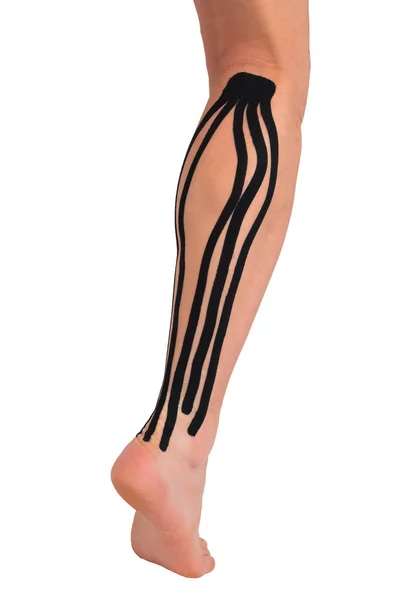 Schwarzes Medizinisches Klebeband Wird Auf Das Bein Geklebt Muskelschmerzen Lindern — Stockfoto