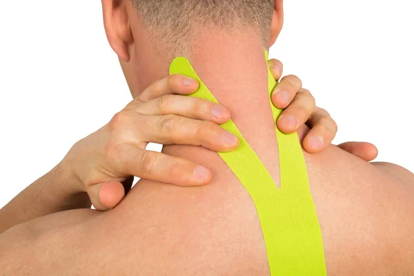 Schmerzlinderung Der Halswirbelsäule Mit Medizinischem Klebeband Isoliert Auf Weiß Rückseite — Stockfoto