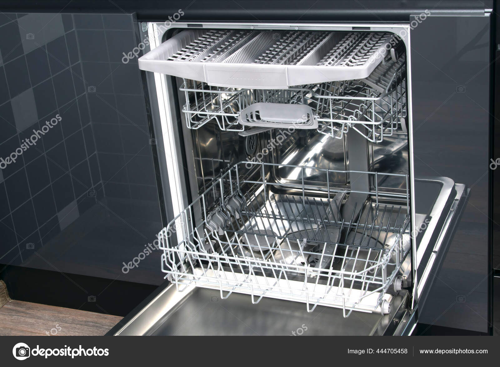 View Dishwasher Empty Nets Kitchen Utensils Background Dark Kitchen