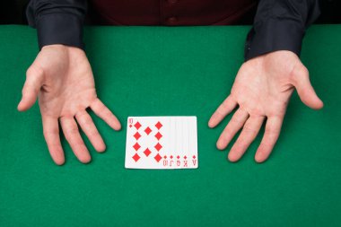 Oyuncuların ellerinin yakın plan çekimleri, kazanan kart kombinasyonunun arka planında, yazıtlar için bir yer vardır.