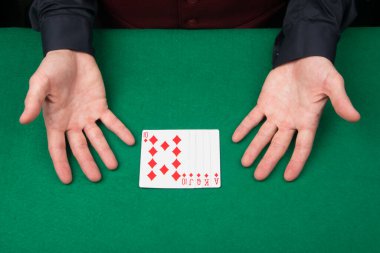 Oyuncuların ellerinin yakın plan çekimleri, kazanan kart kombinasyonunun arka planında, yazıtlar için bir yer vardır.