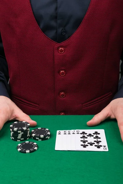 Arbeit Als Croupier Grünen Pokertisch — Stockfoto