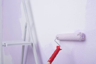 renovation, roller with handle and folding ladder, on the background of the wall, paint application, close-up