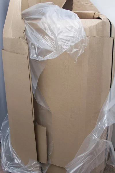 Close Large Sheets Cardboard Polyethylene Remaining Delivery Furniture Waste — Stock Photo, Image