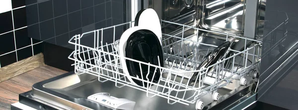 Close Dishwasher Plates Background Home Kitchen — Stock Photo, Image