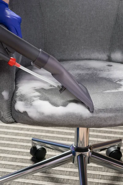Vacuum Cleaner Collects Foam Disinfection Washing Fabric Applied Chair — Stock Photo, Image