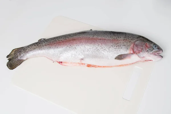 Nahaufnahme Ein Ganzer Frischer Forellenfisch Liegt Auf Einem Weißen Brett — Stockfoto