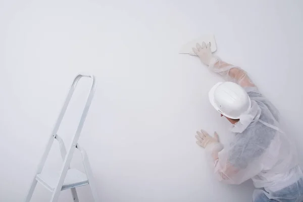Construction Worker Protective Clothing Hard Hat Levels Wallpaper Plastic Spatula — Foto de Stock