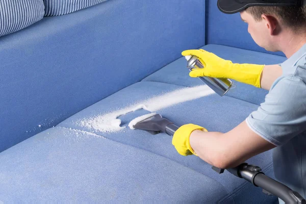 a man from the cleaning service cleans the upholstery of the sofa, side view