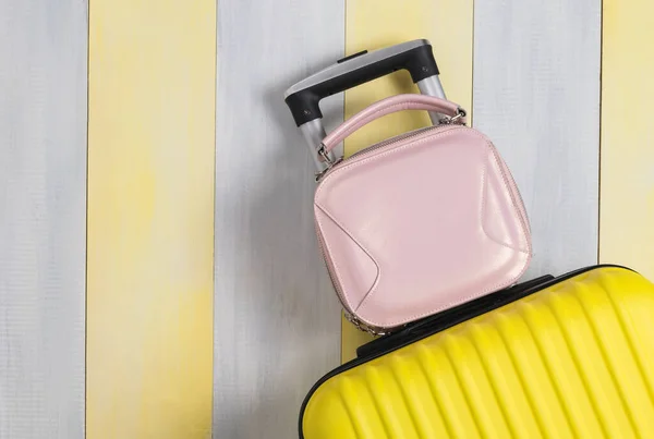 Vacation Concept Yellow Travel Suitcase Pink Travel Bag Beautiful Background — Stock Photo, Image