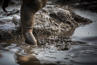 Derin çamurlu su yoluyla sıçramasına ve çamur bir yarışta sürükleyerek ayaklı