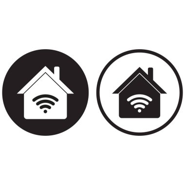 Ev kablosuz ağ simgesi iki şekilde ayarlandı. Akıllı ev ikonu. Ev ikonu içinde eş sinyali. Vektör illüstrasyonu