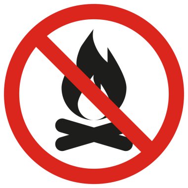 Beyaz arka planda izole edilmiş kamp ateşi işareti yok. Kamp ateşi yasaklama işareti. Ateş işareti yok. Vektör illüstrasyonu