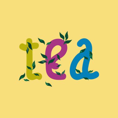 Sarı arka planda yeşil yapraklı Parlak Başlıklı Kelime Çayı. Paket, kutu, poster, kart ve internet için mükemmel tasarım.