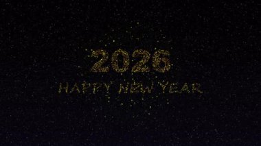 Altın 2026 Yıldızlı Arkaplanda Altın Parlayan Parçacık ile Mutlu Yeni Yıl Patlama animasyonu.