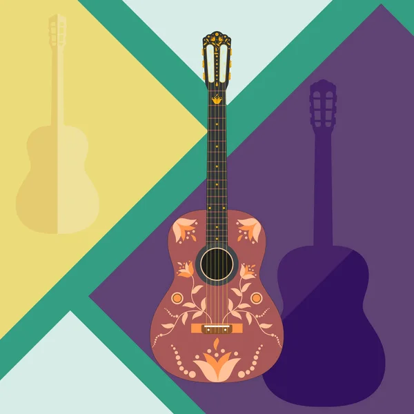 Design Guitarra Madeira Vermelha Acústica Com Decoração Floral Ilustração Plana — Vetor de Stock