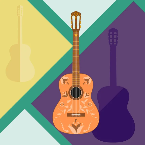 Acoustic Yellow Wooden Guitar Design Floral Decoration Flat Illustration Dark — Stock Vector