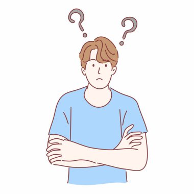 İnsan düşünüyor, soru soruyor, kafası karışık, konseptten emin değil. El çizimi düz karakter.