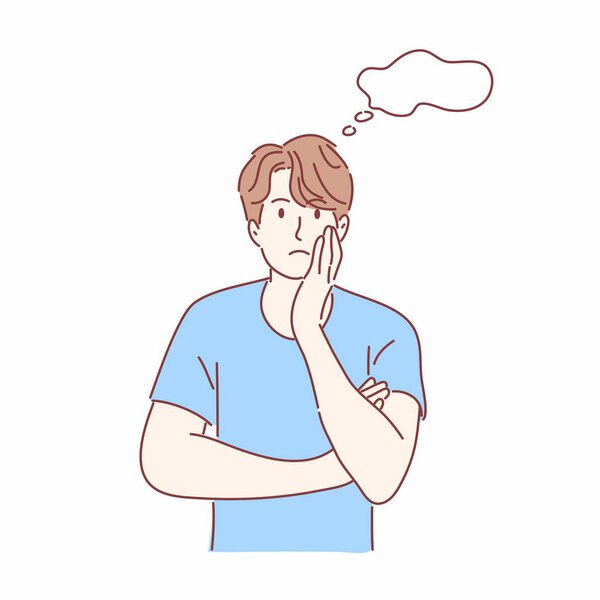 Man is thinking, question, confused, not sure concept. Hand drawn flat character.