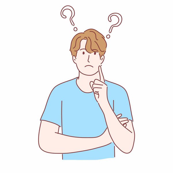 Man is thinking, question, confused, not sure concept. Hand drawn flat character.