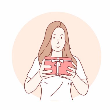 Hediye kutuları tutan mutlu kadın. El çizimi düz karakter biçimi.