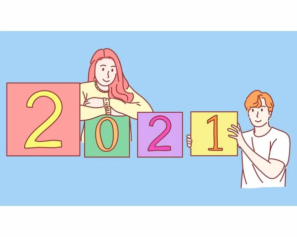 2021年新年のコンセプトを持つ男性と女性 手描き平文字ベクトルスタイル — ストックベクタ