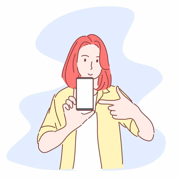 Mujer Apuntando Smartphone Carácter Plano Dibujado Mano — Vector de stock