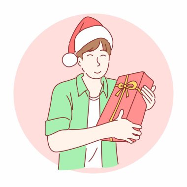 Noel Baba şapkalı mutlu adam hediye kutusu tutuyor. El çizimi düz karakter biçimi.