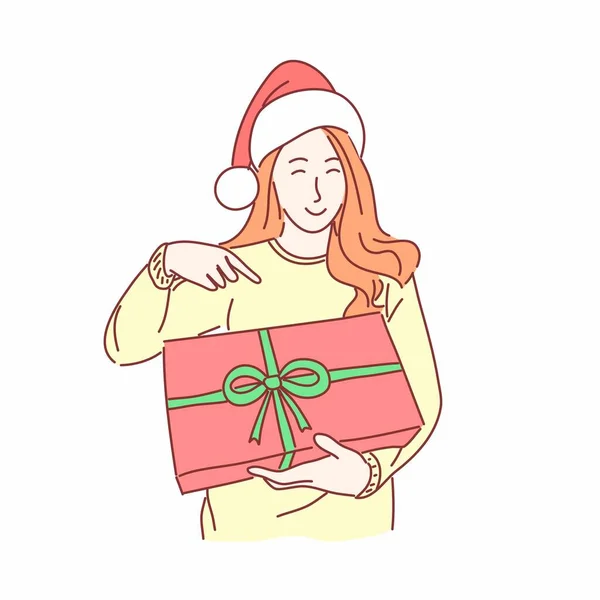 Femme Heureuse Avec Chapeau Santa Tenant Boîte Cadeau Style Caractère — Image vectorielle